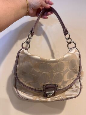 Coach Signature Jacquard Shoulder Bag in Beige and Mauve